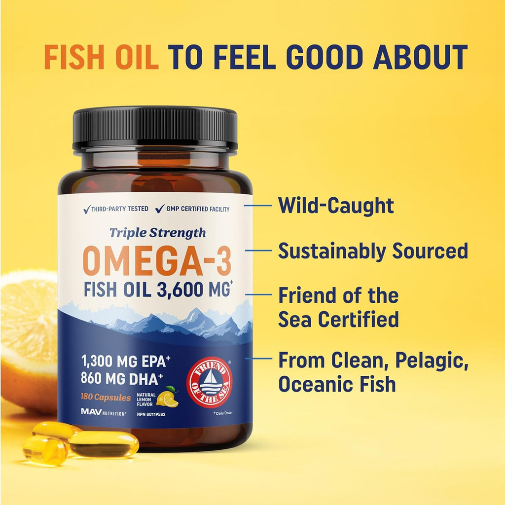 Triple Strength Omega 3 Fish Oil 3600 Mg | EPA & DHA | over 2100Mg Omega-3 Fatty Acids | 1300Mg EPA + 860Mg DHA | Best Essential Fatty Acids | Premium Wild Caught & Burpless Fish Oil | 180 Ct