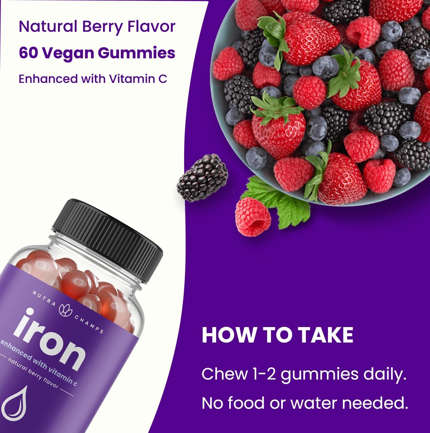 Iron Gummies with Vitamin C | 10Mg Iron per Gummy | Iron Supplements for Women & Men | Vegan Gummies | Blood Cell Formation Support | Energy, Focus, Immune Support | Vegan & Non-Gmo (1)
