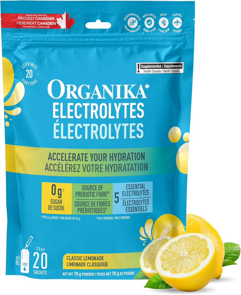 Canadian-Made Electrolytes Powder - Classic Lemonade Sachets - on the Go Sugar-Free Hydration and Electrolyte Replenishment with Prebiotics and Vitamin C - 3.5G X 20Ct