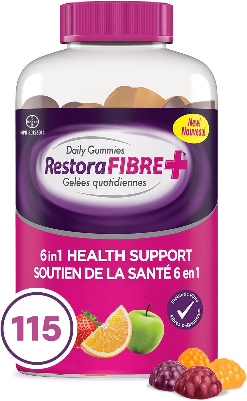Restorafibre+ 6 in 1 Daily Prebiotic Fibre Supplement Gummies for Adults, Supports Health Benefits, Including Regularity, Gentle Constipation Relief & Healthy Immune Function with Naturally Sourced Inulin (115 Ea)