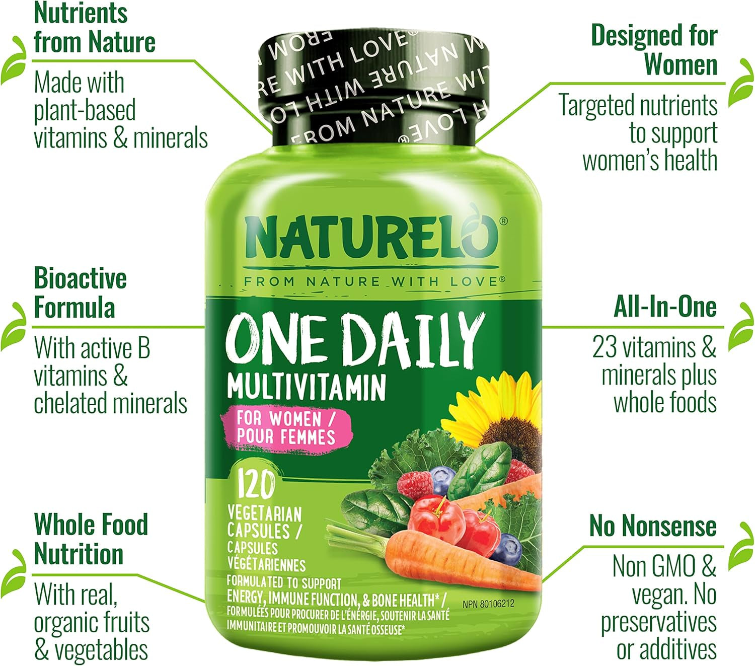One Daily Multivitamin for Women - Energy Support - Whole Food Supplement to Nourish Hair, Skin, Nails - Non-Gmo - No Soy - Gluten Free - 120 Capsules - 4 Month Supply