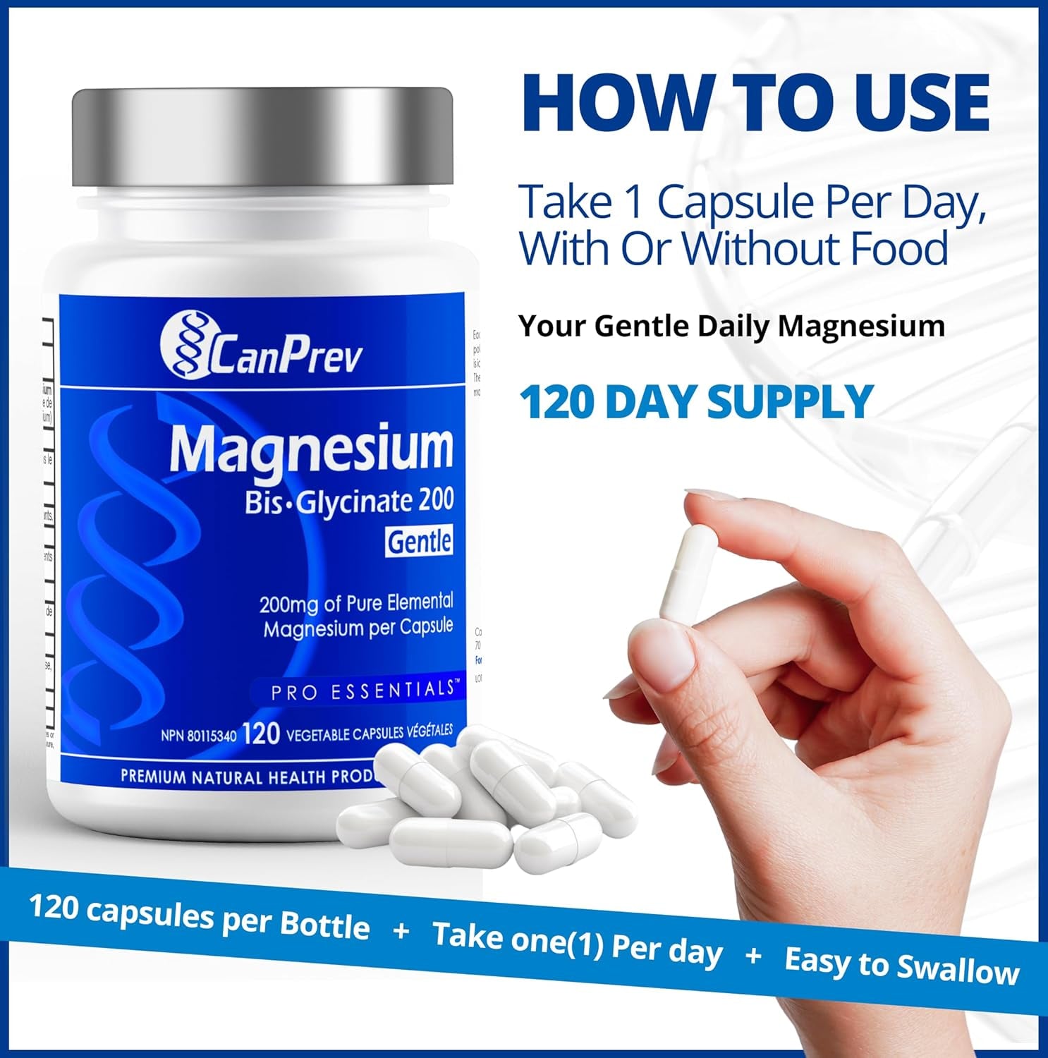Magnesium Bis-Glycinate Gentle 200Mg, 120 V-Caps 120-Day Supply - Pure Elemental Magnesium Supplement, Supports Bone and Muscle Function, Gentle on Stomach, Perfect for Daily Magnesium Needs