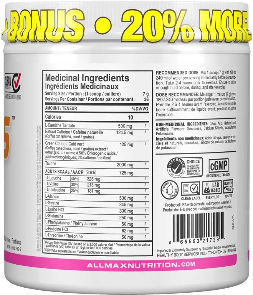 - AMINOCUTS (A:CUTS) - Weight-Management BCAA (L-Carnitine + Taurine + Green Coffee) - Cotton Candy Dye Free- 252 Gram - 36 Servings, 252-Gram