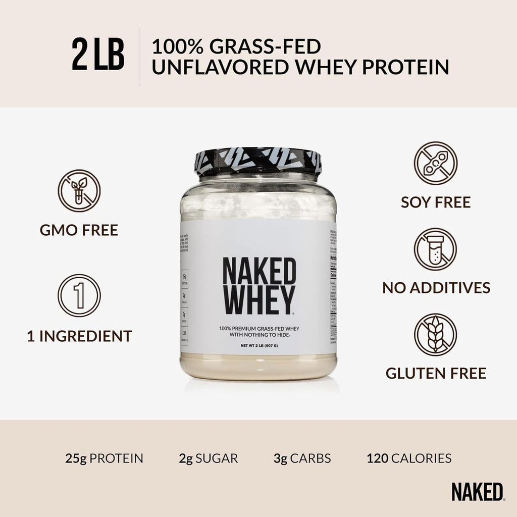 Whey 2LB 100% Grass Fed Whey Protein Powder - Only 1 Ingredient, Unflavored Whey Protein, Undenatured, Gluten Free, Soy Free, No Gmos, No Preservatives
