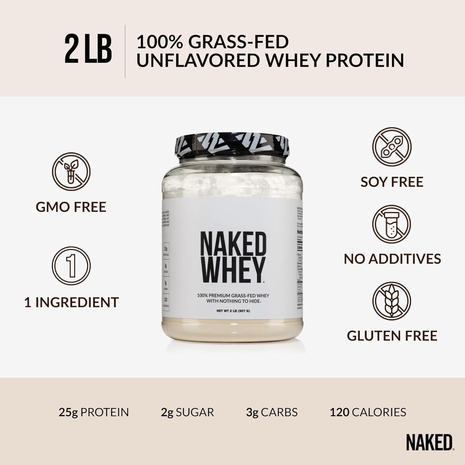 Whey 2LB 100% Grass Fed Whey Protein Powder - Only 1 Ingredient, Unflavored Whey Protein, Undenatured, Gluten Free, Soy Free, No Gmos, No Preservatives