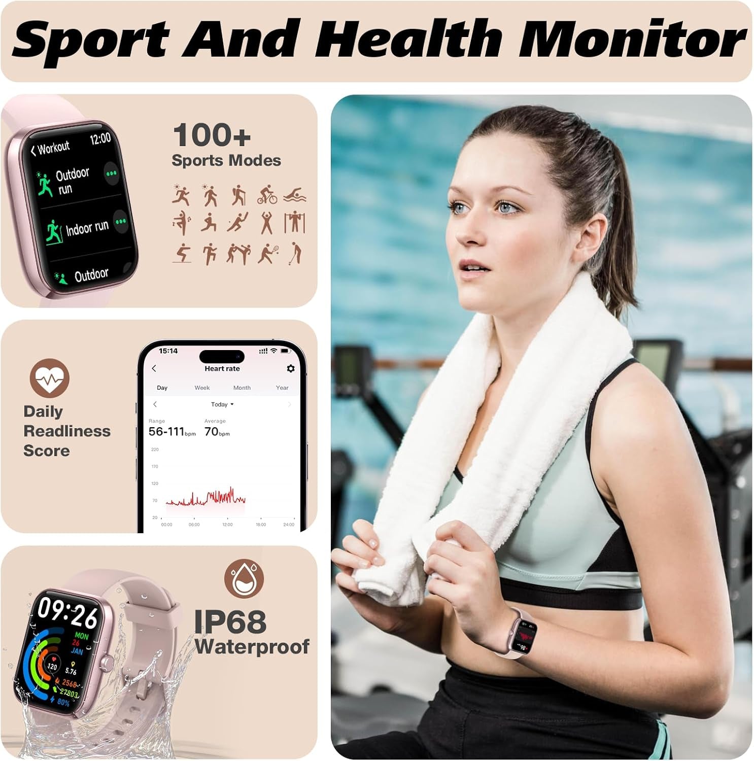 Smart Watch for Men Women with Bluetooth Call, Alexa Built-In, Heart Rate & Sleep Monitor, 1.83" DIY Dial Fitness Watch with 100+ Sport Modes, IP68 Waterproof, Compatible with Android Ios