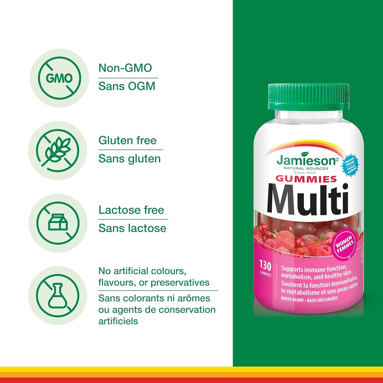 Jamieson Multivitamin Gummies for Women Mixed Berry Flavour, Supports Bone Health, Immunity, Energy, Hair, Skin and Nails. with Biotin and Vitamin B12, Vegetarian, Non-Gmo, No Gluten, Artificial Colours, Flavours or Preservatives, 130 Count