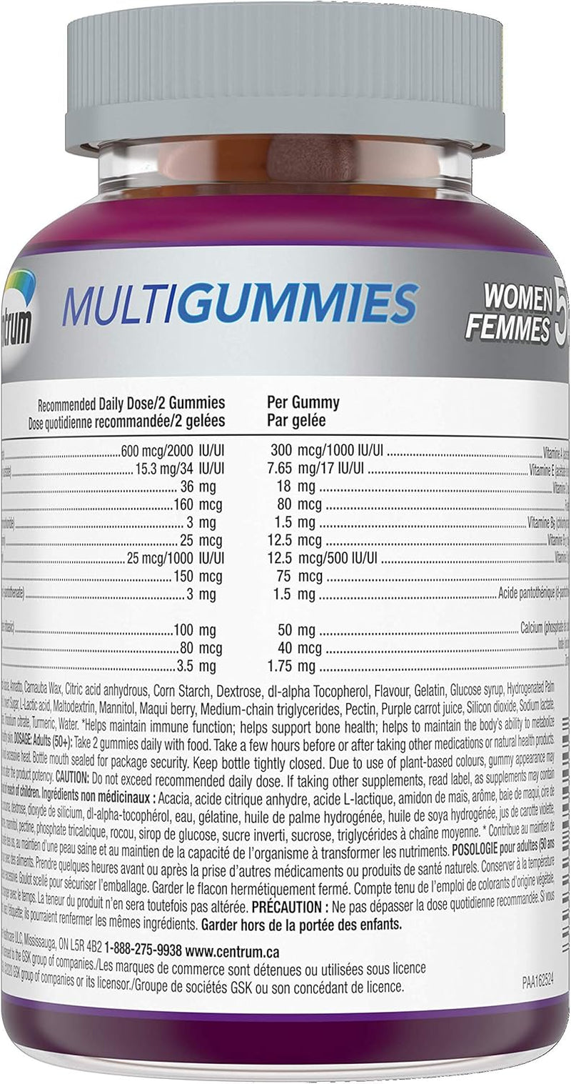 Women 50 plus Multigummies, Multivitamins/Minerals Gummies for Women 50+, Cherry, Berry, and Orange Flavours, 120 Gummies (Packaging May Vary)