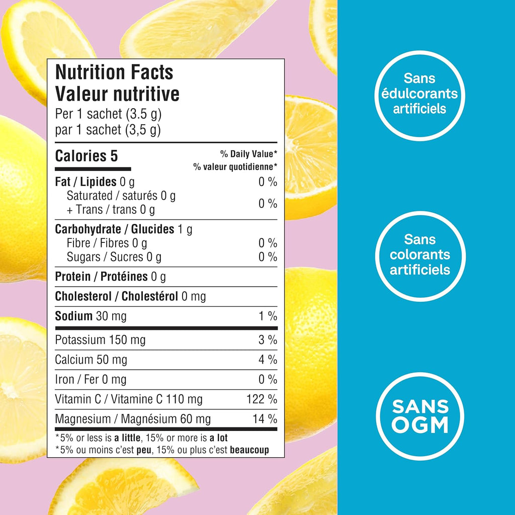 Canadian-Made Electrolytes Powder- Pink Lemonade Sachets- on the Go Sugar Free Hydration and Electrolyte Replenishment with Prebiotics and Vitamin C 3.5G X 20Ct