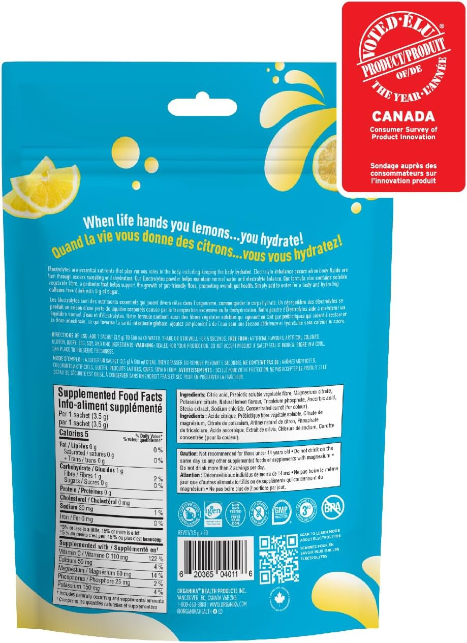 Canadian-Made Electrolytes Powder - Classic Lemonade Sachets - on the Go Sugar-Free Hydration and Electrolyte Replenishment with Prebiotics and Vitamin C - 3.5G X 20Ct