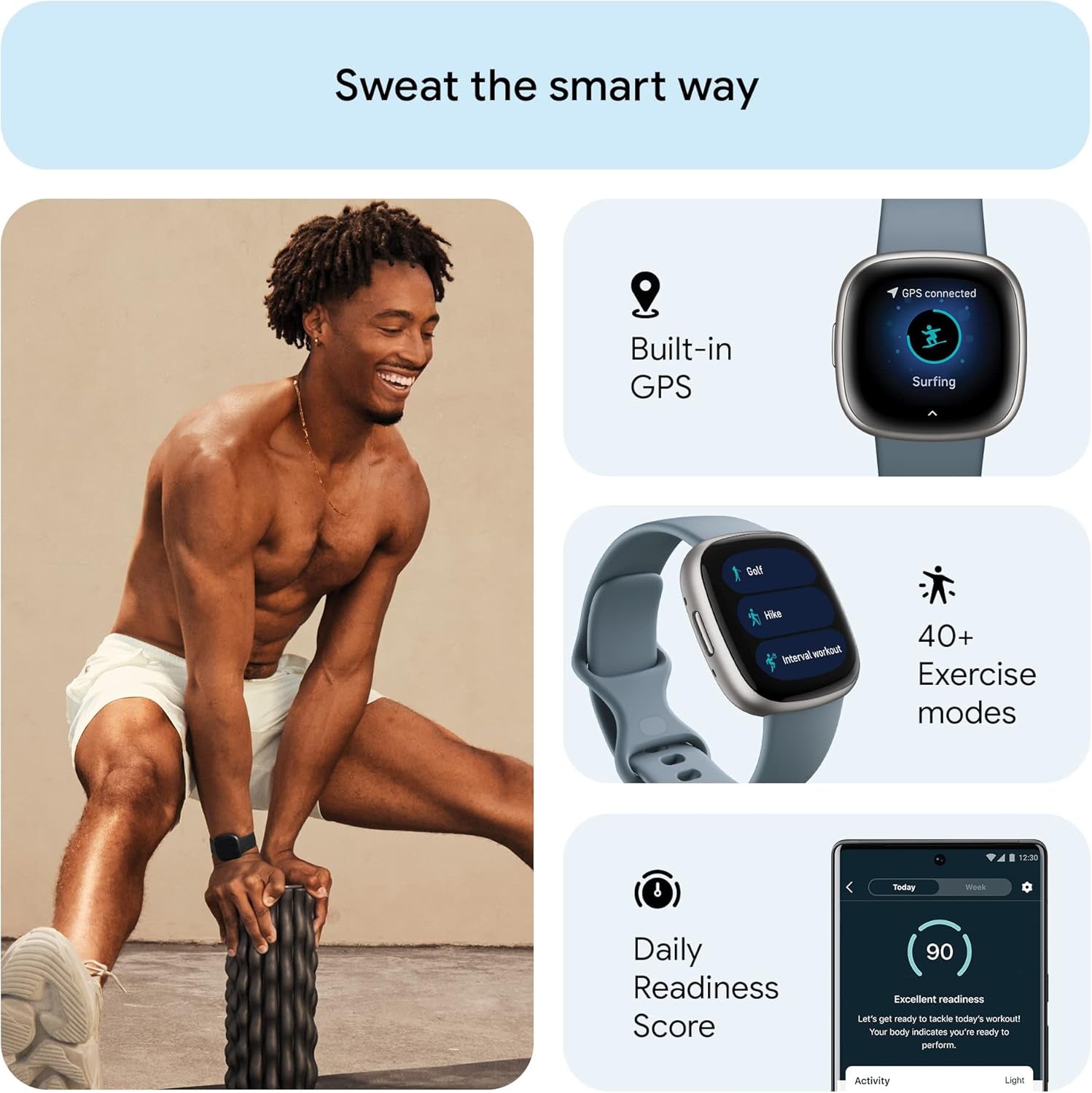 Google  Versa 4 Fitness Smartwatch with Daily Readiness, Gps, 24/7 Heart Rate, 40+ Exercise Modes, Sleep Tracking and More, Waterfall Blue/Platinum, One Size (S and L Bands Included)
