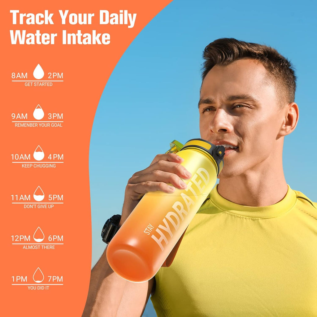 Water Bottle, 32Oz Motivational Sports Water Bottle with Time Marker - Times to Drink - Tritan, BPA Free, Wide Mouth Leakproof, Fast Flow Technology with Clean Brush (1 Bottle)