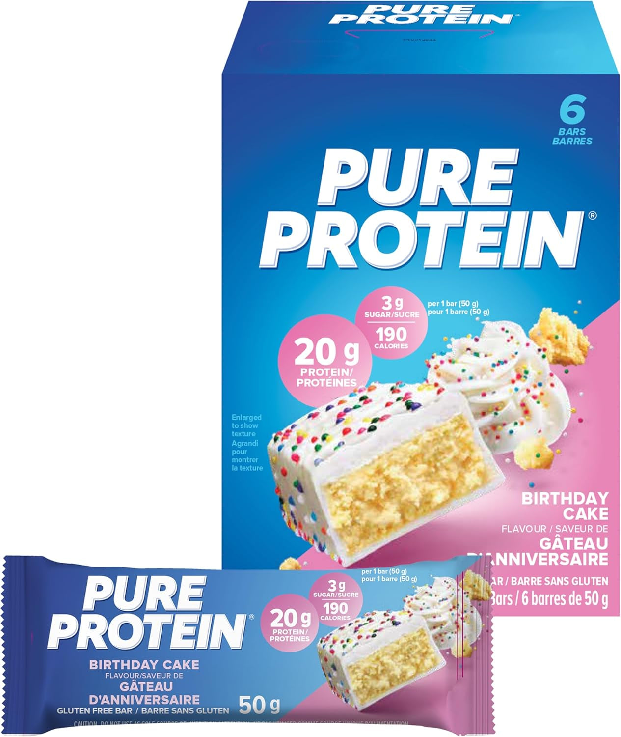 Bars - Nutritious, Gluten Free Bar, Made with Whey Protein Blend - Low Sugar, Protein Snack. Deliciously Satisfying. Made in Canada, Birthday Cake (Pack of 6)