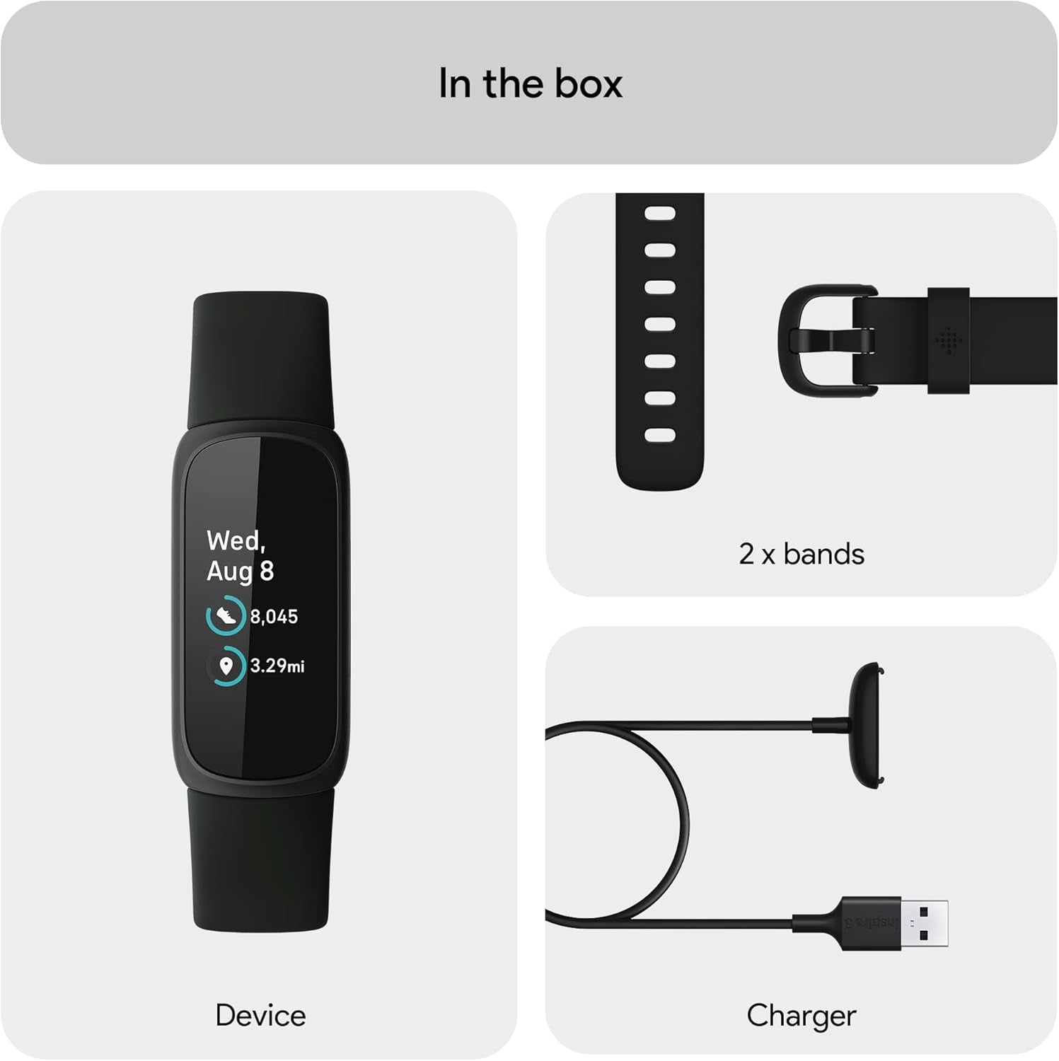 Google  Inspire 3 Health and Fitness Tracker with Stress Management, Workout Intensity, Sleep Tracking, 24/7 Heart Rate and More, Midnight Zen/Black, One Size (S and L Bands Included)