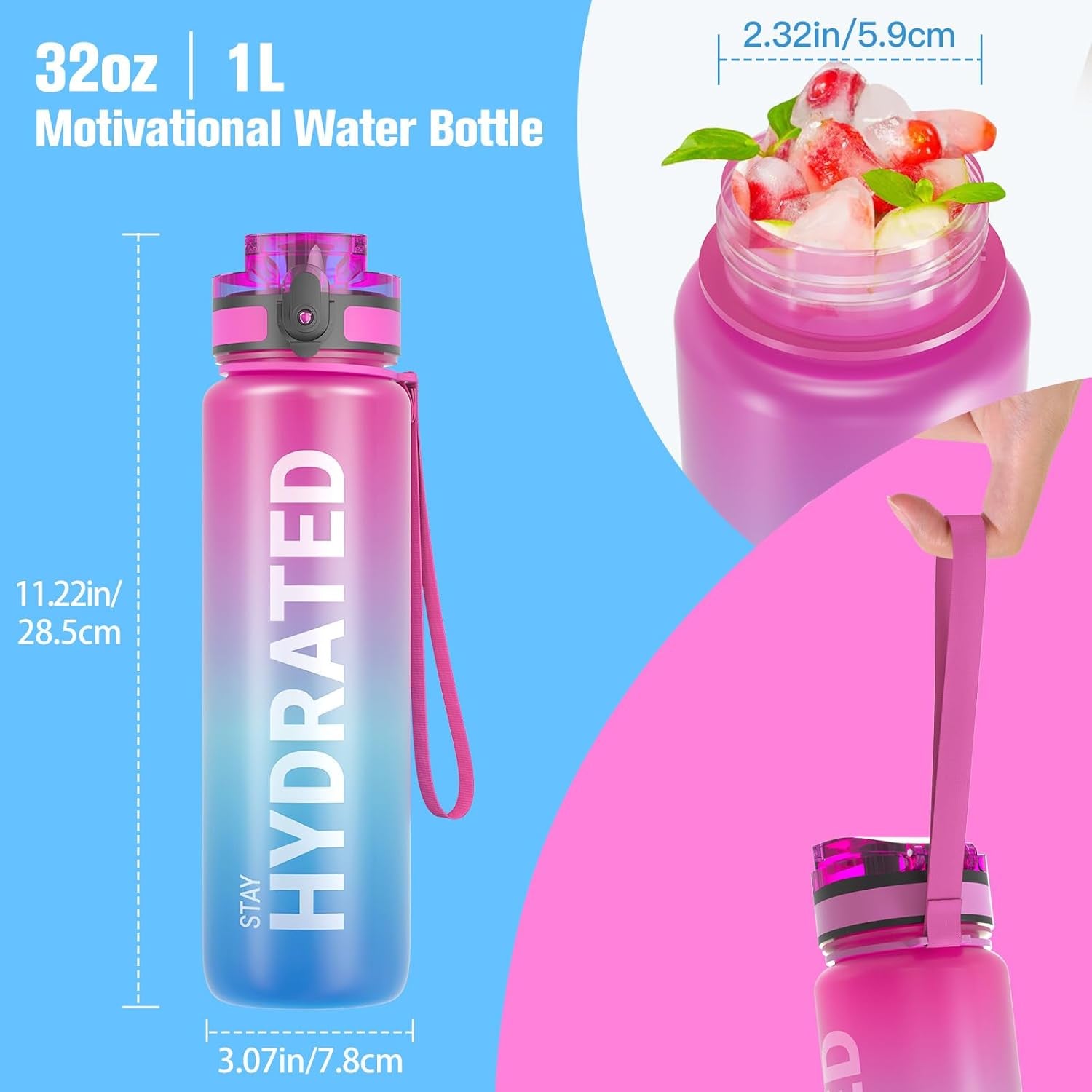 Water Bottle, 32Oz Motivational Sports Water Bottle with Time Marker - Times to Drink - Tritan, BPA Free, Wide Mouth Leakproof, Fast Flow Technology with Clean Brush (1 Bottle)