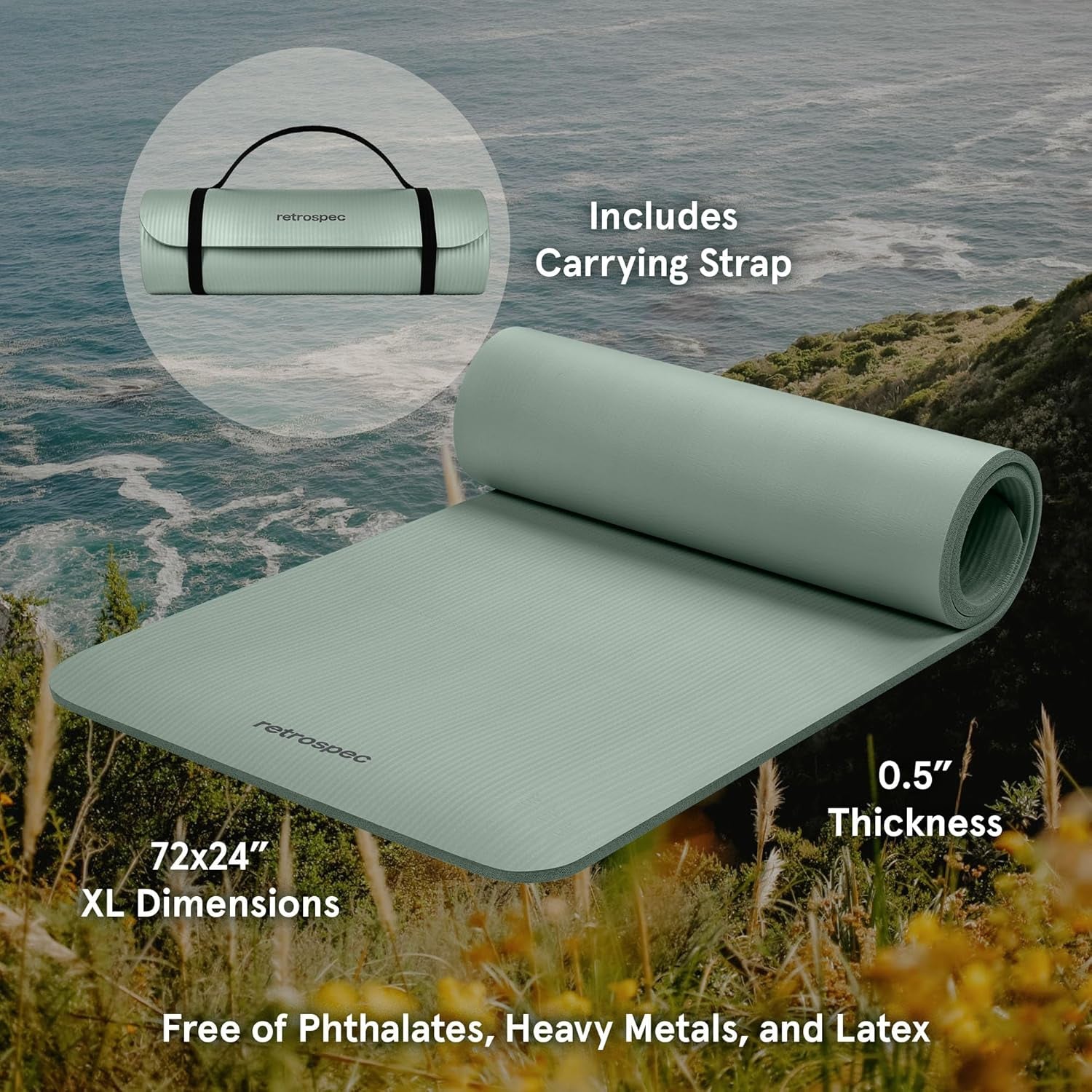 Solana Yoga Mat 1/2" Thick W/Nylon Strap for Men & Women - Non Slip Excercise Mat for Yoga, Pilates, Stretching, Floor & Fitness Workouts