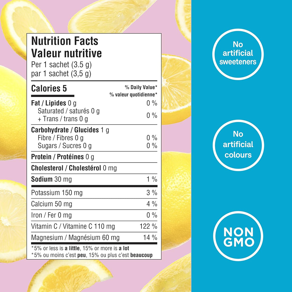 Canadian-Made Electrolytes Powder- Pink Lemonade Sachets- on the Go Sugar Free Hydration and Electrolyte Replenishment with Prebiotics and Vitamin C 3.5G X 20Ct