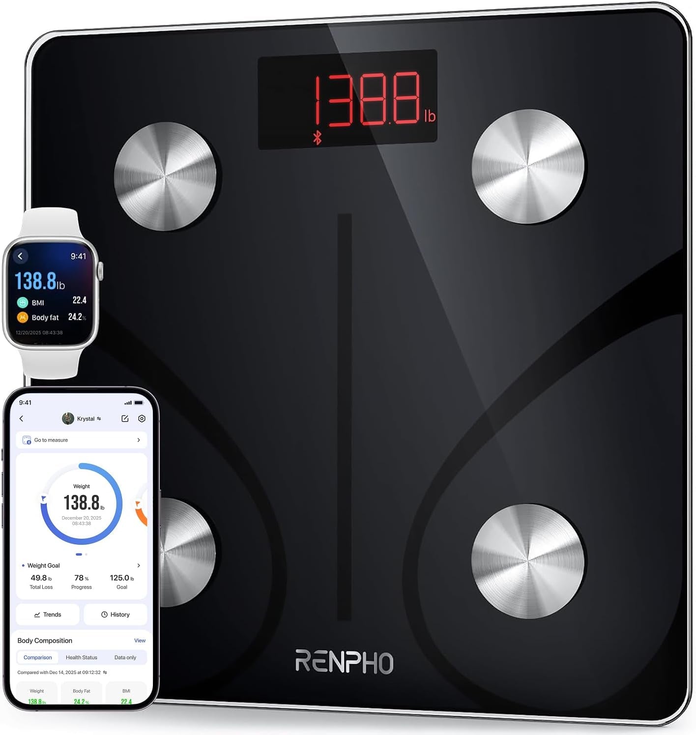 Body Fat Scale 500Lbs, Smart BMI Scale Digital Bathroom Wireless Weight Scale, Elis 1 Body Measurements with Smartphone App Sync with Bluetooth (Black, 11.8"/300Mm)