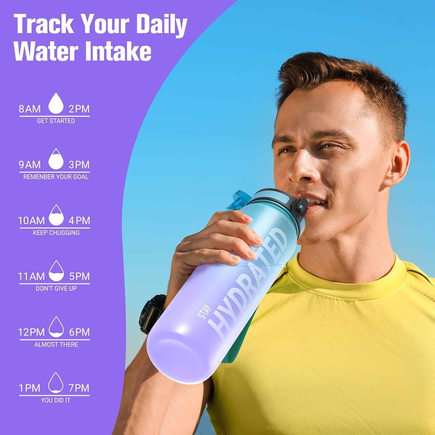 Water Bottle, 32Oz Motivational Sports Water Bottle with Time Marker - Times to Drink - Tritan, BPA Free, Wide Mouth Leakproof, Fast Flow Technology with Clean Brush (1 Bottle)