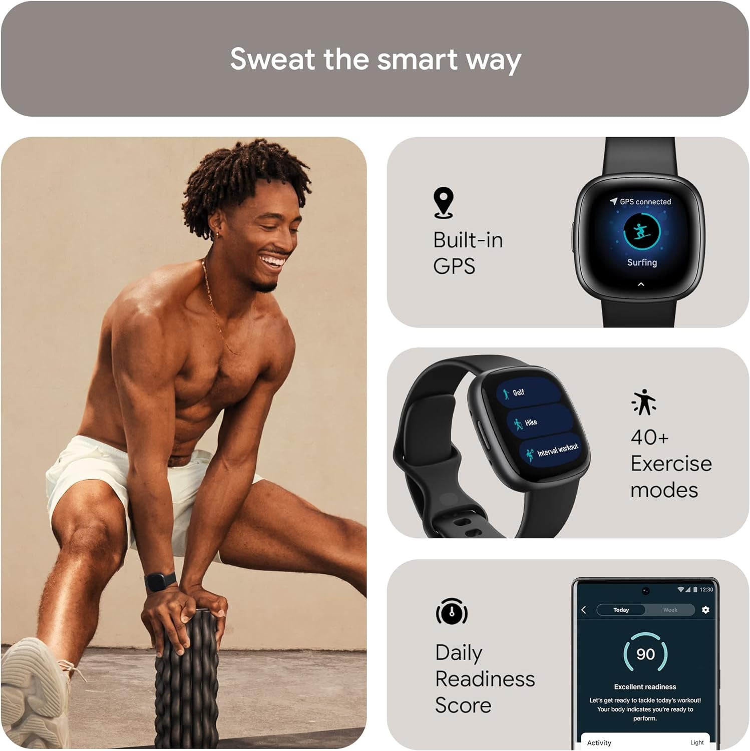 Google  Versa 4 Fitness Smart Watch for Men and Women with Daily Readiness, Gps, 24/7 Heart Rate, 40+ Exercise Modes, Sleep Tracking and More, Black/Graphite, One Size (S and L Bands Included