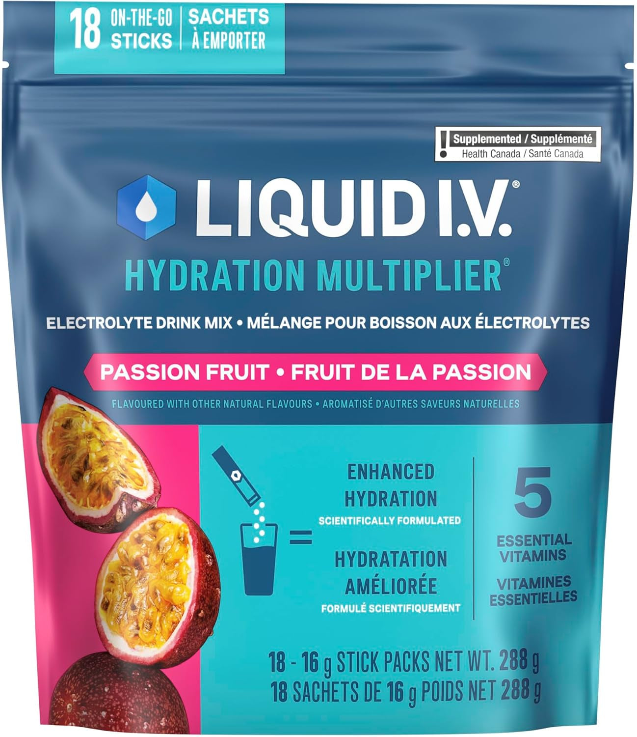 Hydration Multiplier Electrolyte Drink Mix - Enhanced Hydration Electrolyte Powder with Vitamins B3, B5, B6, B12 and C -18X On-The-Go Sticks for Workout and Travel - Passion Fruit