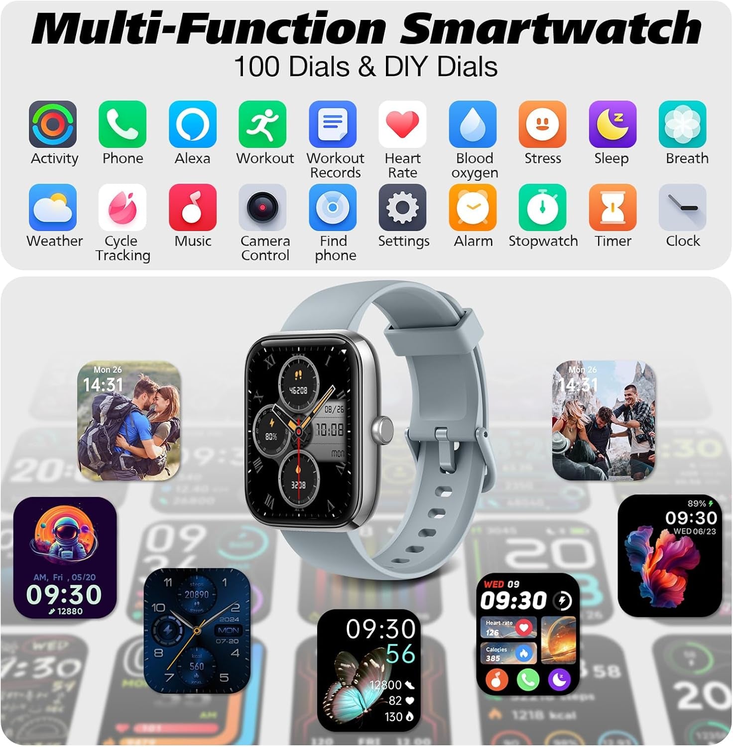 Smart Watch for Men Women with Bluetooth Call, Alexa Built-In, Heart Rate & Sleep Monitor, 1.83" DIY Dial Fitness Watch with 100+ Sport Modes, IP68 Waterproof, Compatible with Android Ios