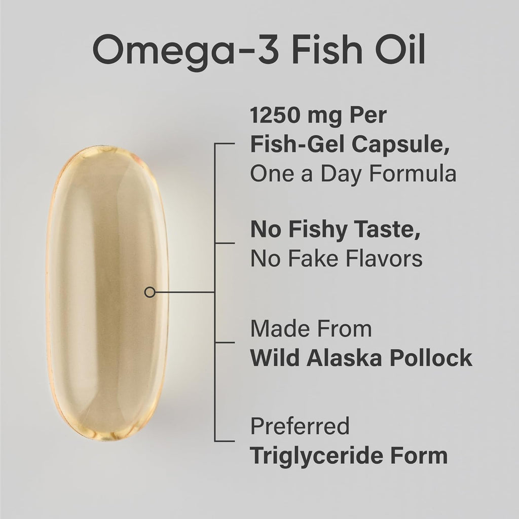 Triple Strength Omega 3 Fish Oil - Burpless Fish Oil Supplement W/Epa & DHA Fatty Acids from Wild Alaskan Pollock - Heart, Brain & Immune Support for Men & Women - 1250 Mg, 30 Ct