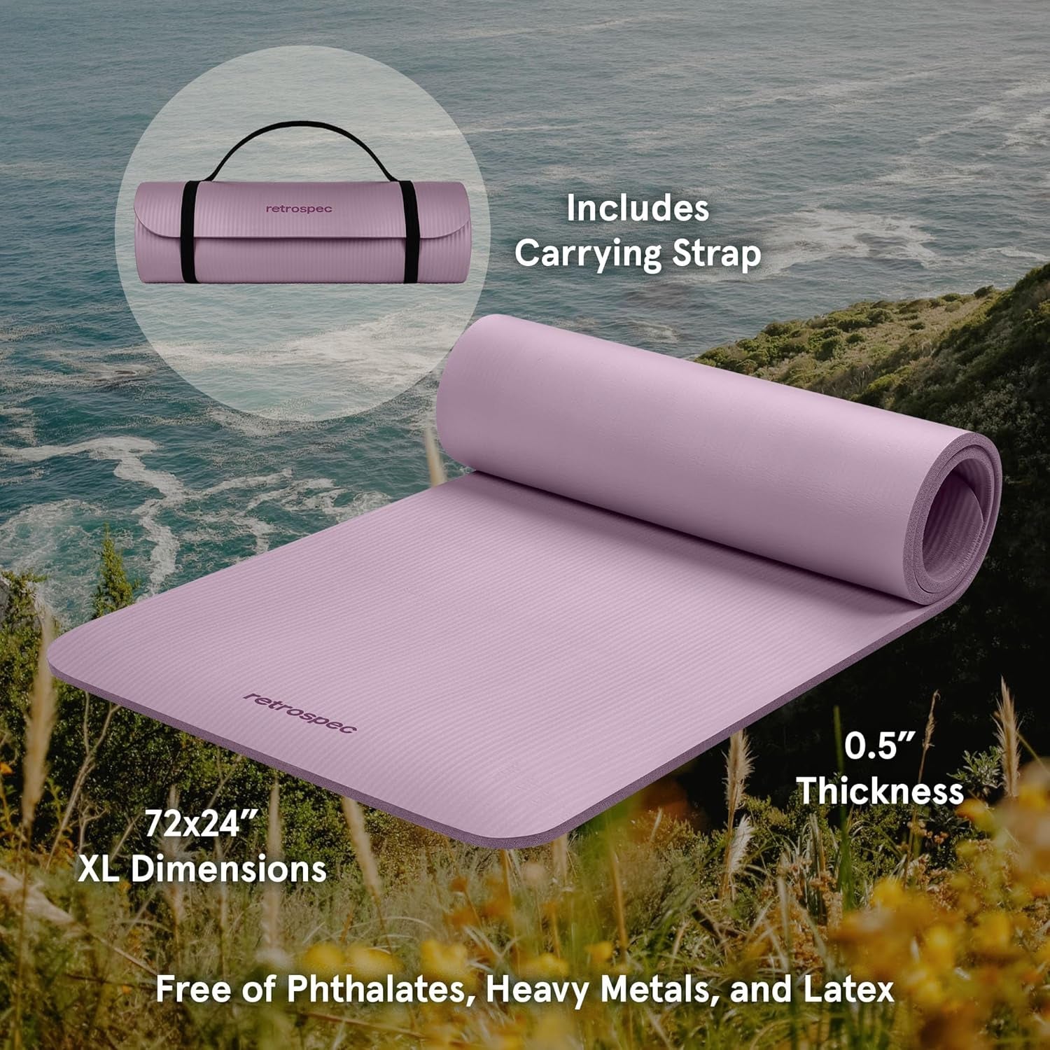 Solana Yoga Mat 1/2" Thick W/Nylon Strap for Men & Women - Non Slip Excercise Mat for Yoga, Pilates, Stretching, Floor & Fitness Workouts