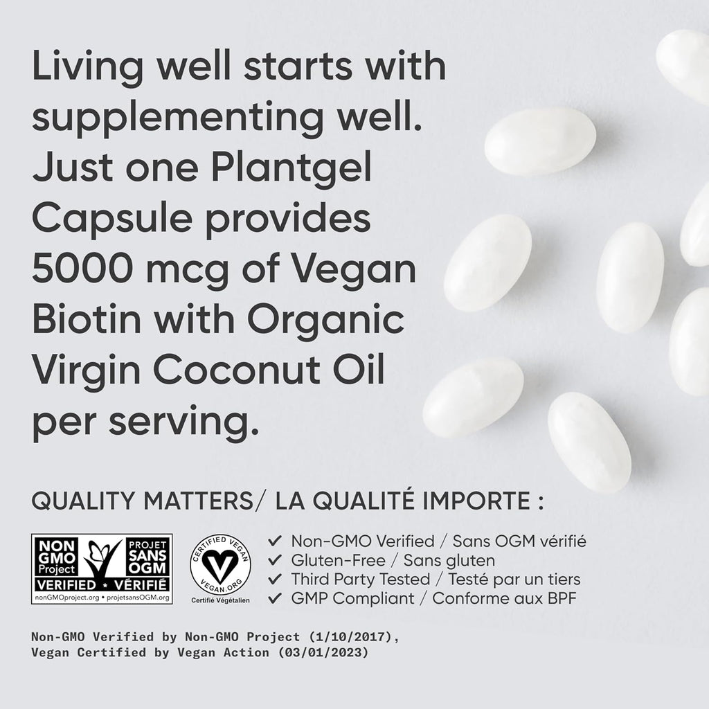 ® Extra Strength Vegan Biotin 5,000Mcg with Organic Coconut Oil - Helps to Maintain Healthy Hair, Nails and Skin - Great for Women & Men - 120 Veggie Softgels