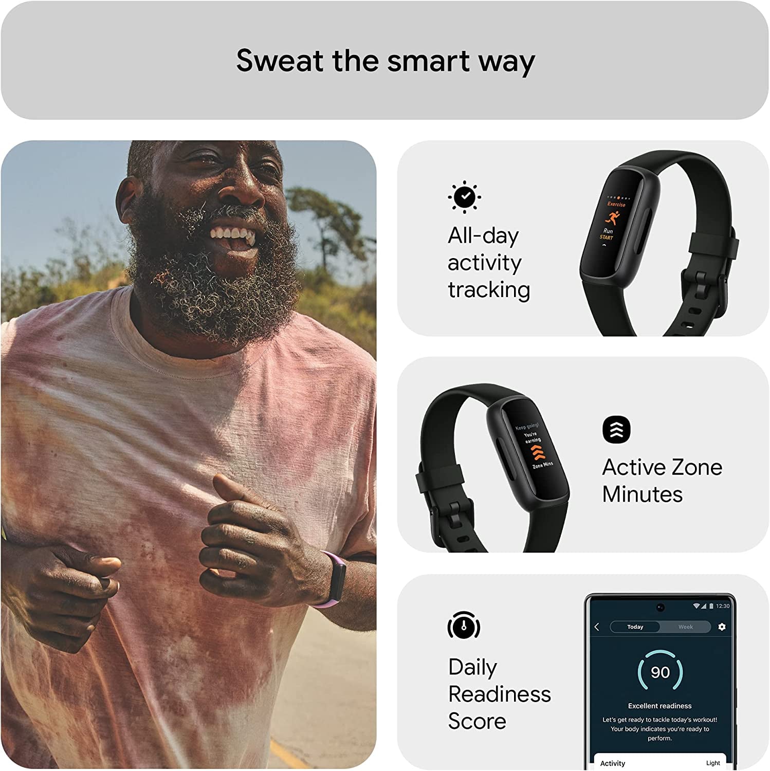 Google  Inspire 3 Health and Fitness Tracker with Stress Management, Workout Intensity, Sleep Tracking, 24/7 Heart Rate and More, Midnight Zen/Black, One Size (S and L Bands Included)