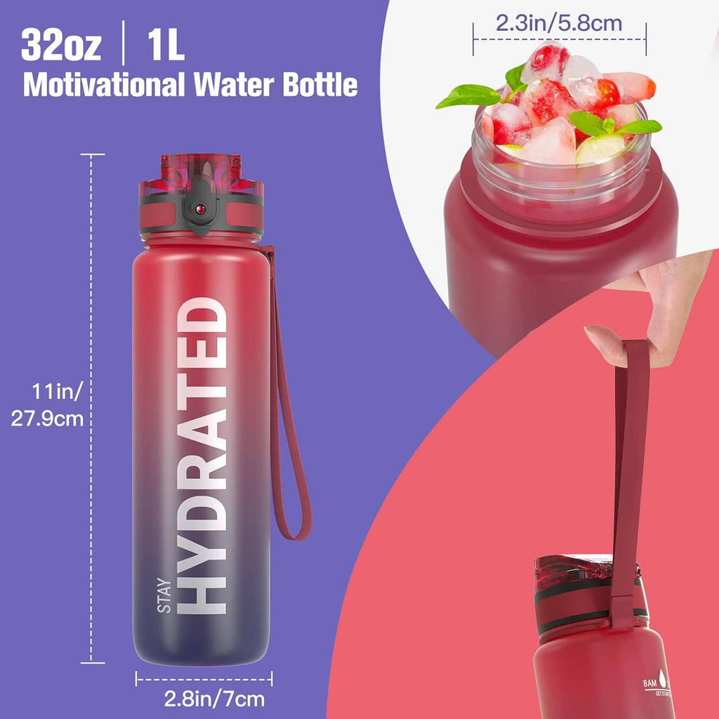 Water Bottle, 32Oz Motivational Sports Water Bottle with Time Marker - Times to Drink - Tritan, BPA Free, Wide Mouth Leakproof, Fast Flow Technology with Clean Brush (1 Bottle)