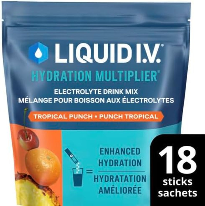 Hydration Multiplier Electrolyte Drink Mix - Enhanced Hydration Electrolyte Powder with Vitamins B3, B5, B6, B12 and C -18X On-The-Go Sticks for Workout and Travel - Tropical Punch