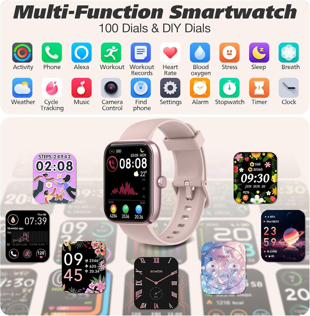 Smart Watch for Men Women with Bluetooth Call, Alexa Built-In, Heart Rate & Sleep Monitor, 1.83" DIY Dial Fitness Watch with 100+ Sport Modes, IP68 Waterproof, Compatible with Android Ios