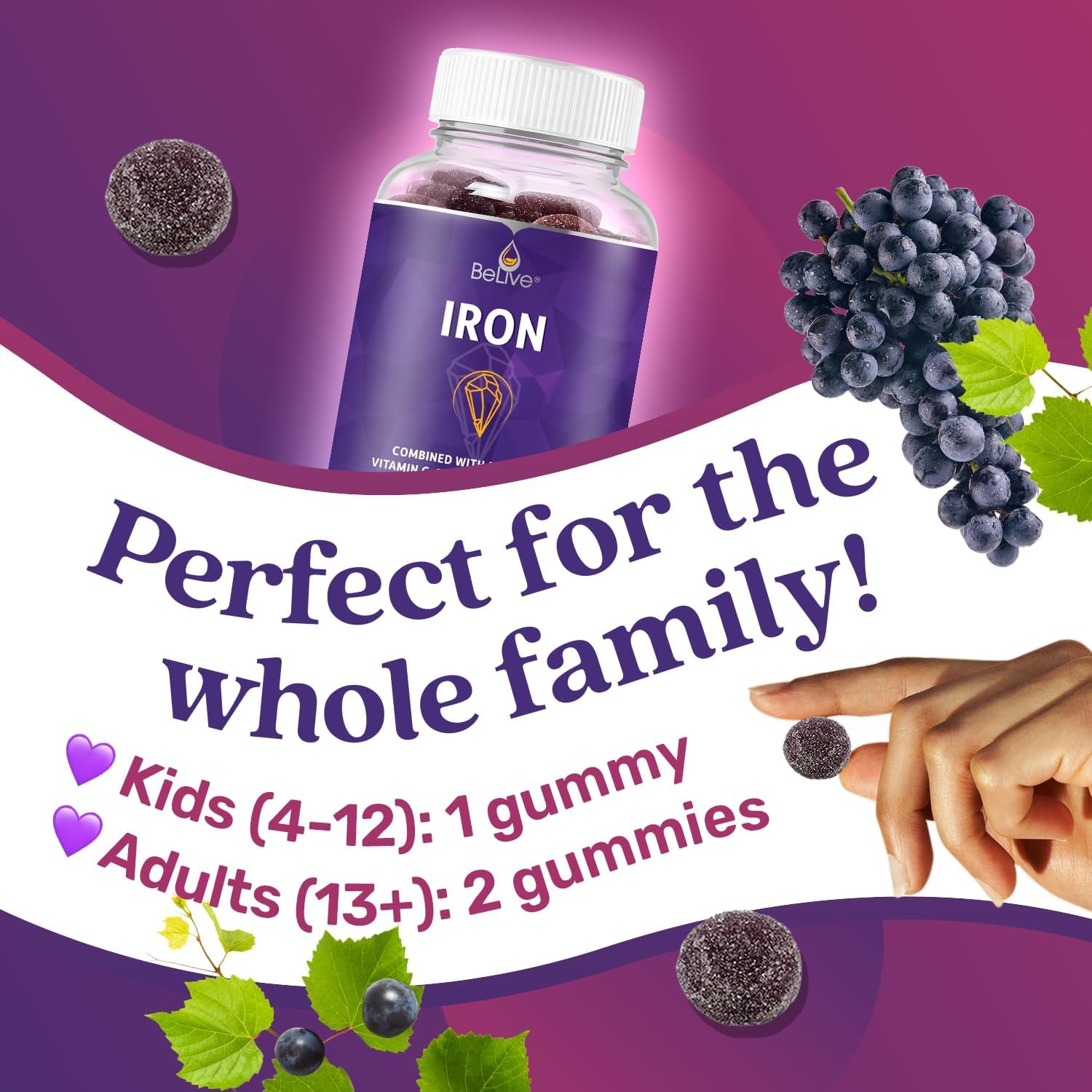 Iron Gummies Supplement with Vitamin C, A, Vitamins B Complex, Folate, Multivitamins for Women, Kids & Adults - Supports Energy, No after Taste, Vegan Supplements - Grape Flavor (120 Ct)