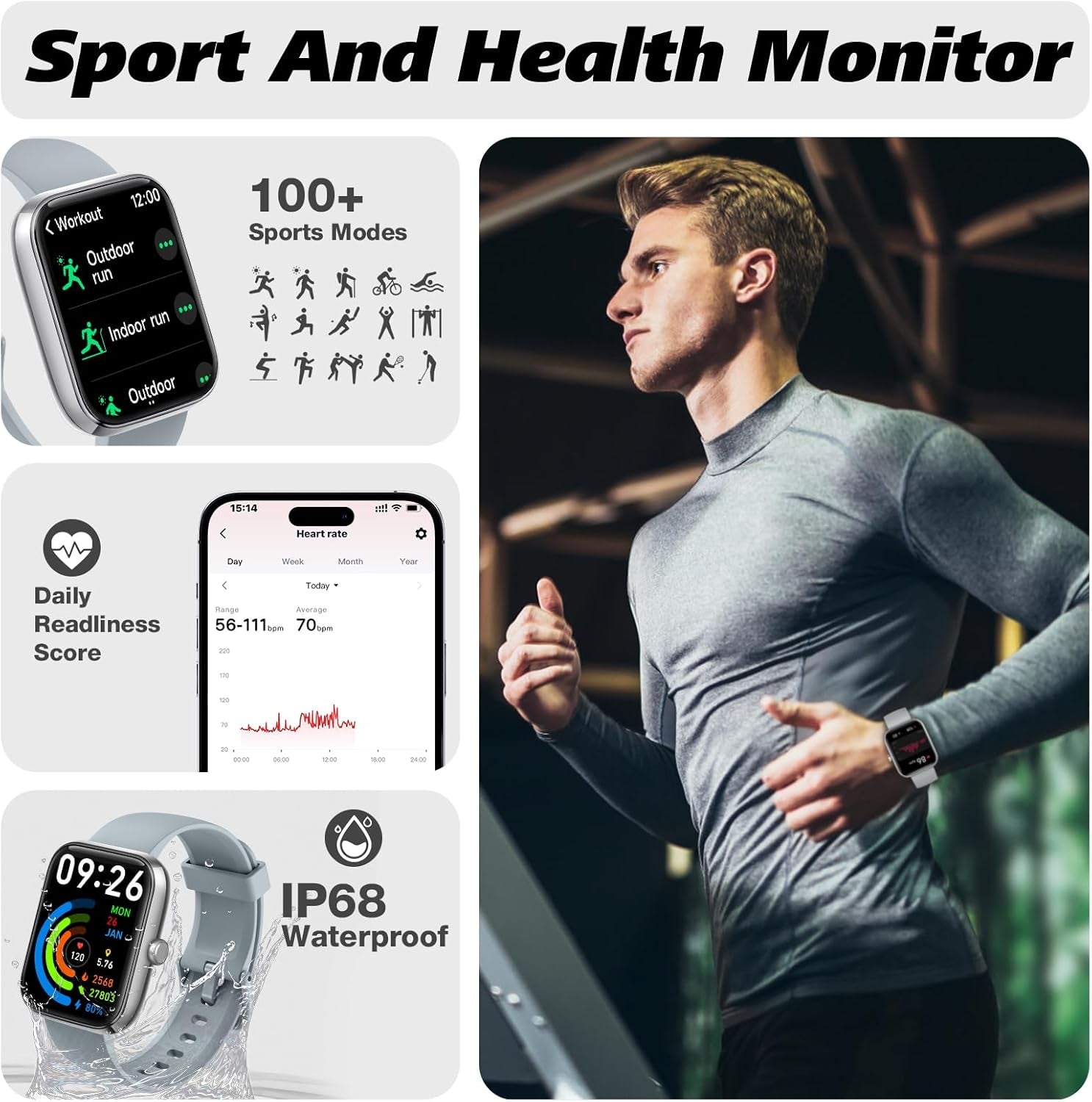 Smart Watch for Men Women with Bluetooth Call, Alexa Built-In, Heart Rate & Sleep Monitor, 1.83" DIY Dial Fitness Watch with 100+ Sport Modes, IP68 Waterproof, Compatible with Android Ios