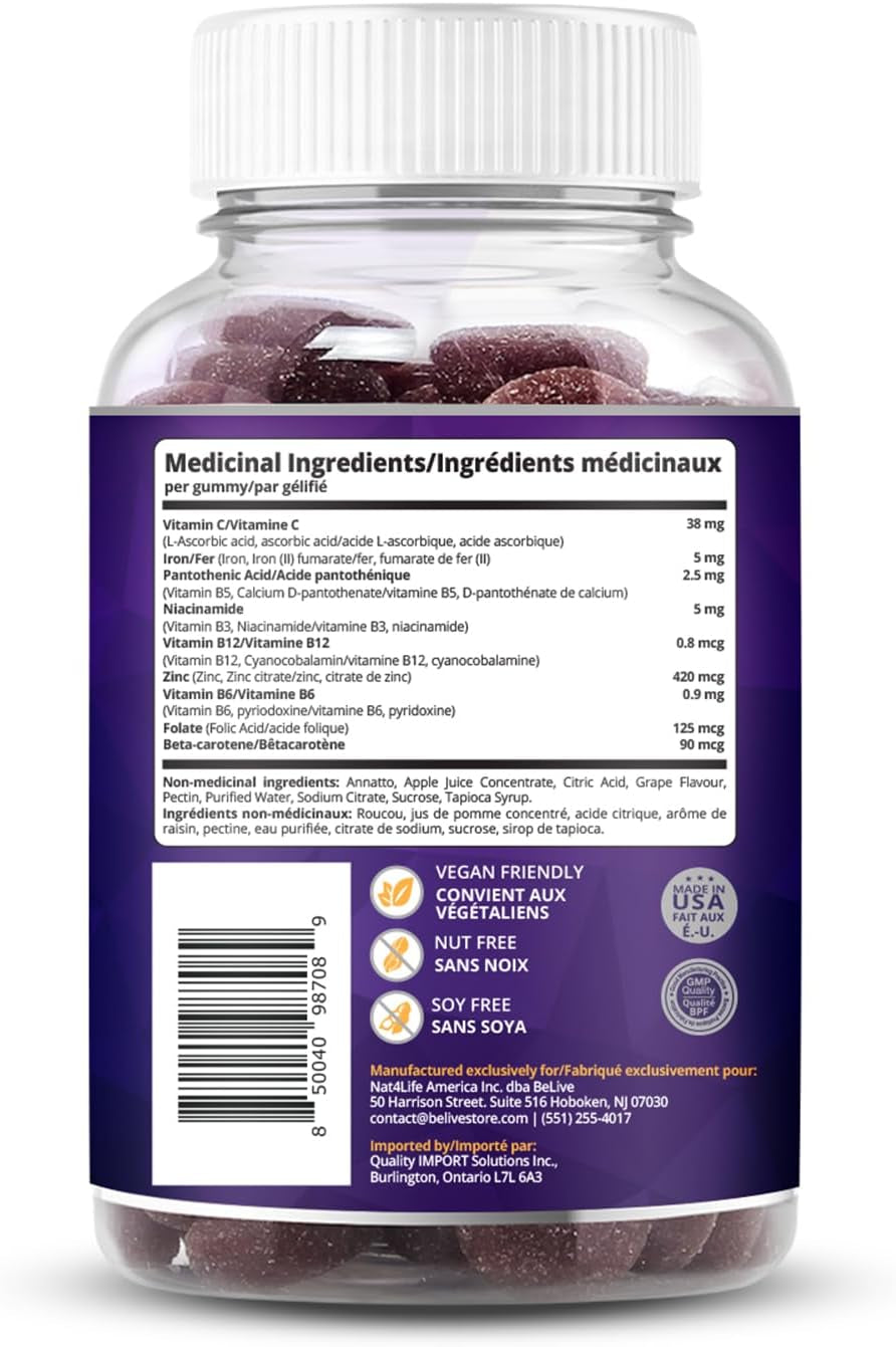 Iron Gummies Supplement with Vitamin C, A, Vitamins B Complex, Folate, Multivitamins for Women, Kids & Adults - Supports Energy, No after Taste, Vegan Supplements - Grape Flavor (60 Ct)