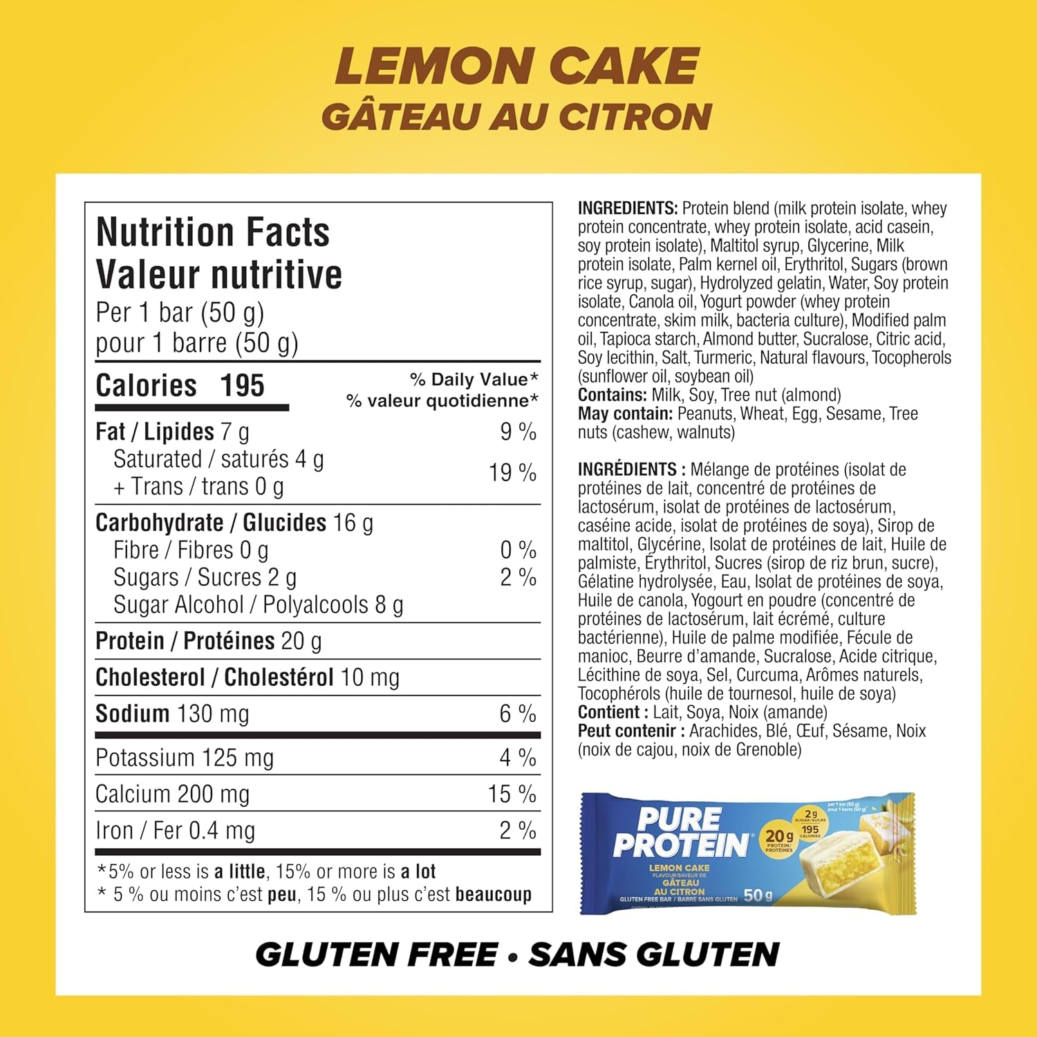 Bars - Nutritious, Gluten Free Bar, Made with Whey Protein Blend - Low Sugar, Protein Snack. Deliciously Satisfying. Made in Canada, Lemon Cake (Pack of 6)