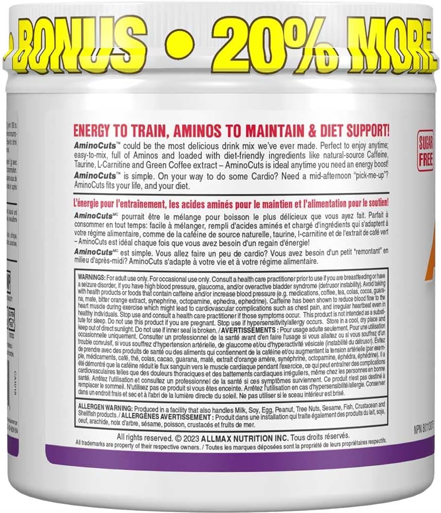 - AMINOCUTS (A:CUTS) - Weight-Management BCAA (L-Carnitine + Taurine + Green Coffee) - Grape -Dye Free- 252 Gram - 36 Servings, 252-Gram