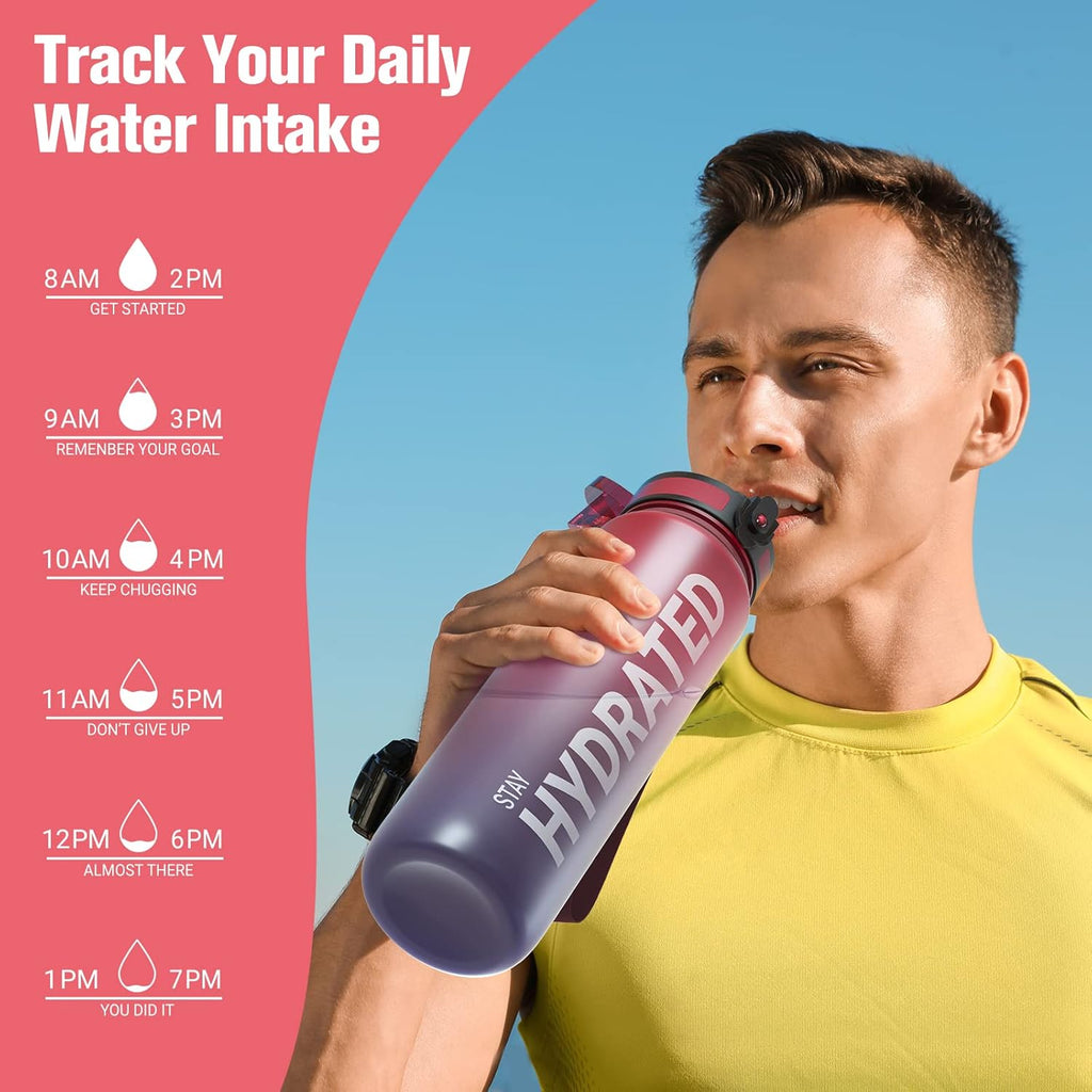 Water Bottle, 32Oz Motivational Sports Water Bottle with Time Marker - Times to Drink - Tritan, BPA Free, Wide Mouth Leakproof, Fast Flow Technology with Clean Brush (1 Bottle)