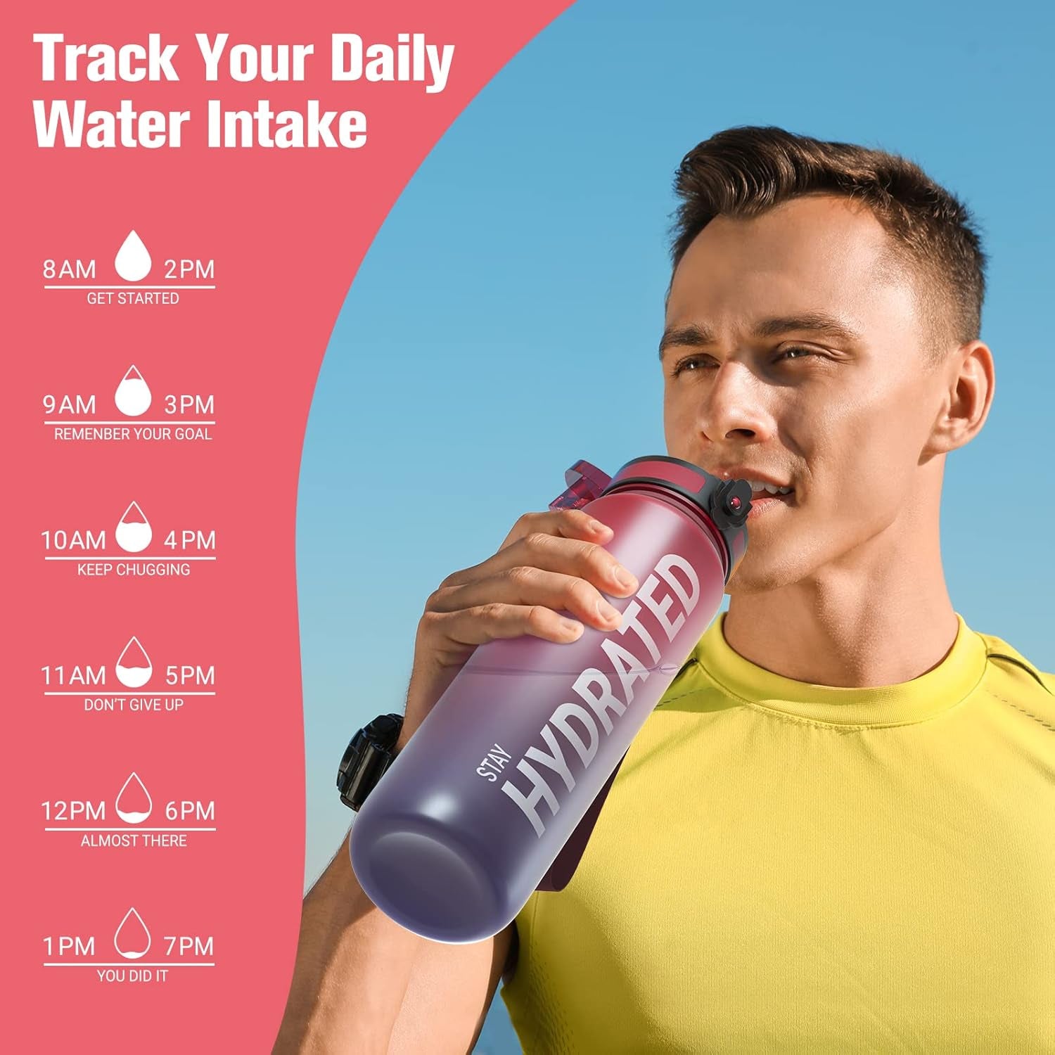 Water Bottle, 32Oz Motivational Sports Water Bottle with Time Marker - Times to Drink - Tritan, BPA Free, Wide Mouth Leakproof, Fast Flow Technology with Clean Brush (1 Bottle)