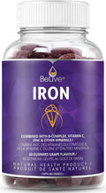 Iron Gummies Supplement with Vitamin C, A, Vitamins B Complex, Folate, Multivitamins for Women, Kids & Adults - Supports Energy, No after Taste, Vegan Supplements - Grape Flavor (60 Ct)
