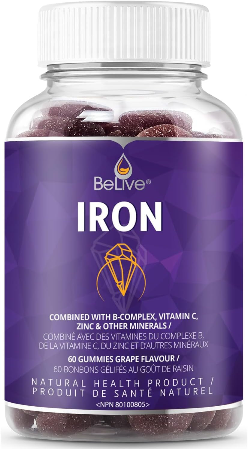Iron Gummies Supplement with Vitamin C, A, Vitamins B Complex, Folate, Multivitamins for Women, Kids & Adults - Supports Energy, No after Taste, Vegan Supplements - Grape Flavor (60 Ct)