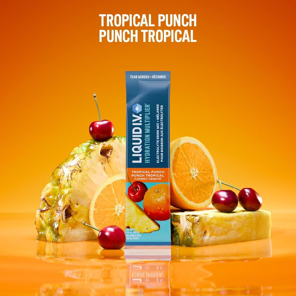 Hydration Multiplier Electrolyte Drink Mix - Enhanced Hydration Electrolyte Powder with Vitamins B3, B5, B6, B12 and C -18X On-The-Go Sticks for Workout and Travel - Tropical Punch