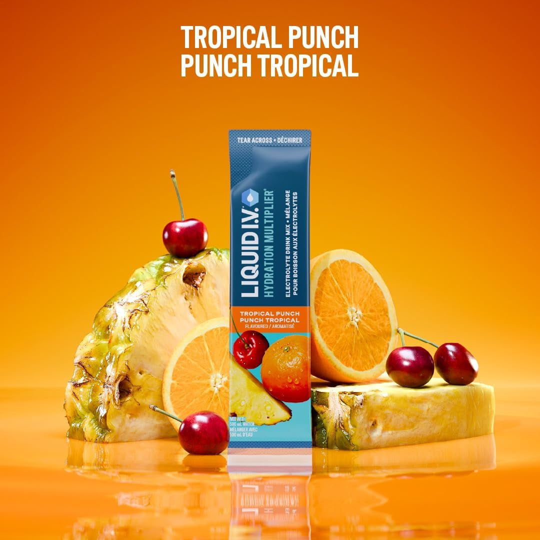 Hydration Multiplier Electrolyte Drink Mix - Enhanced Hydration Electrolyte Powder with Vitamins B3, B5, B6, B12 and C -18X On-The-Go Sticks for Workout and Travel - Tropical Punch