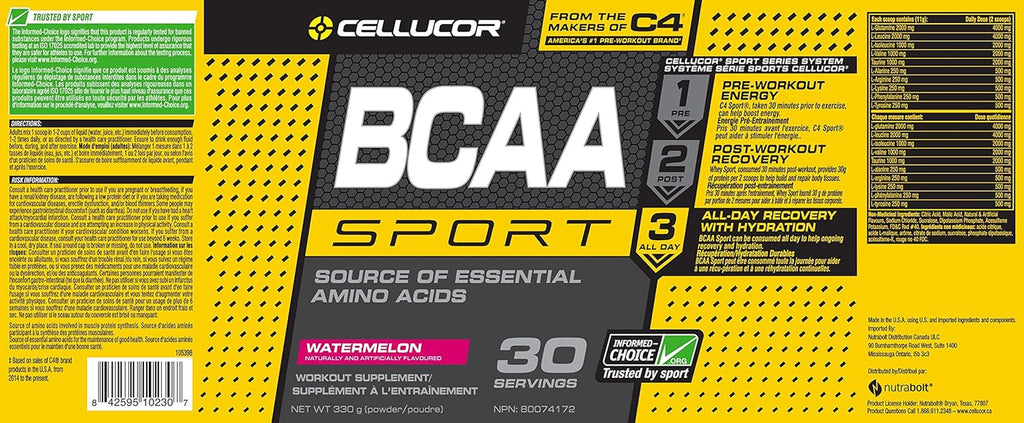 BCAA Sport, Post-Workout Intra Workout Powder Sports Drink Supplements for Hydration Endurance & Recovery, Watermelon, 30 Servings