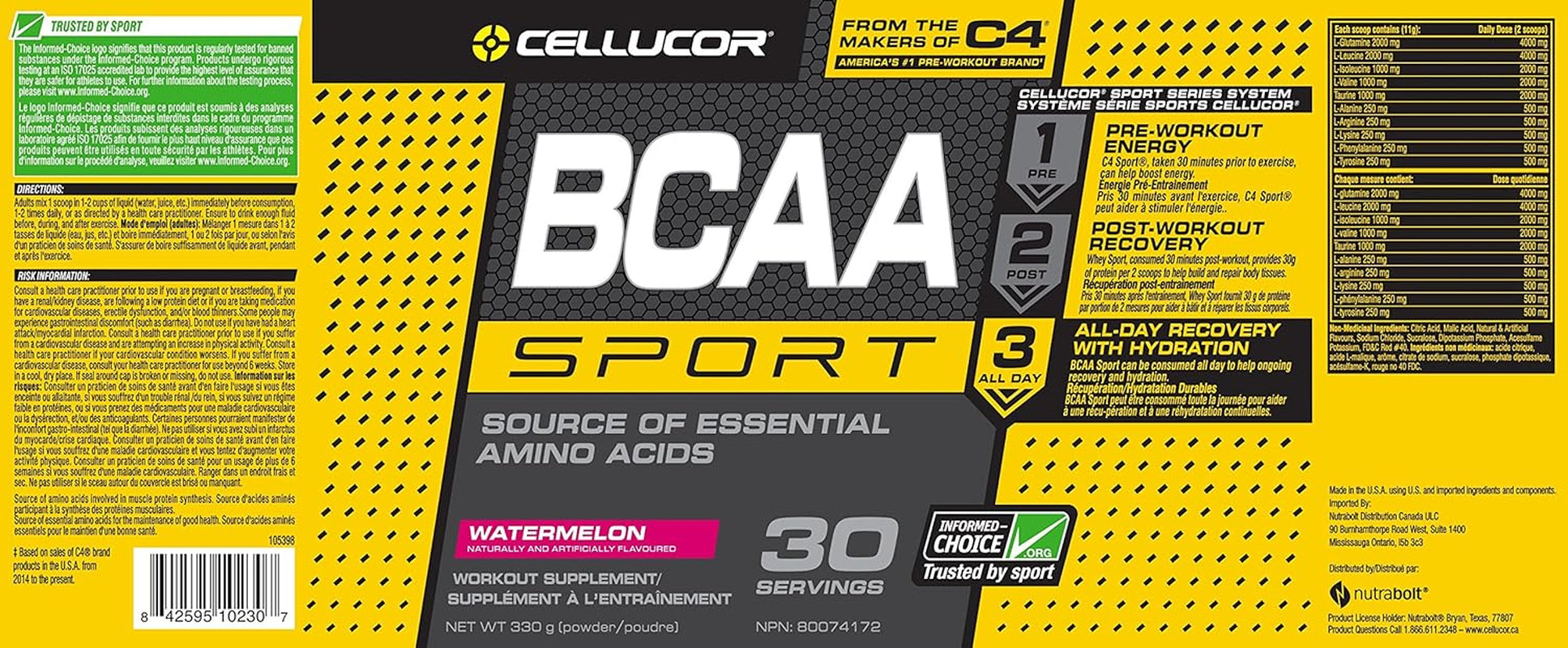 BCAA Sport, Post-Workout Intra Workout Powder Sports Drink Supplements for Hydration Endurance & Recovery, Watermelon, 30 Servings