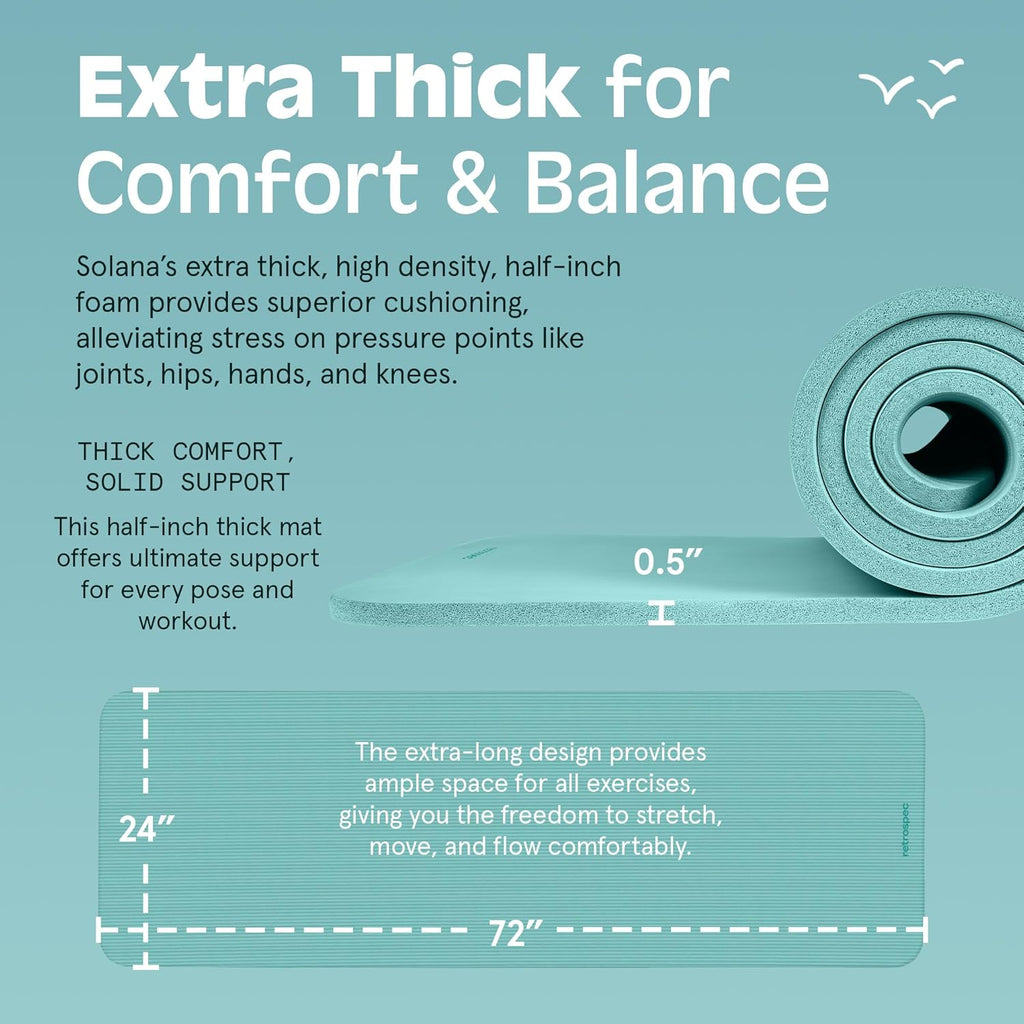 Solana Yoga Mat 1/2" Thick W/Nylon Strap for Men & Women - Non Slip Excercise Mat for Yoga, Pilates, Stretching, Floor & Fitness Workouts