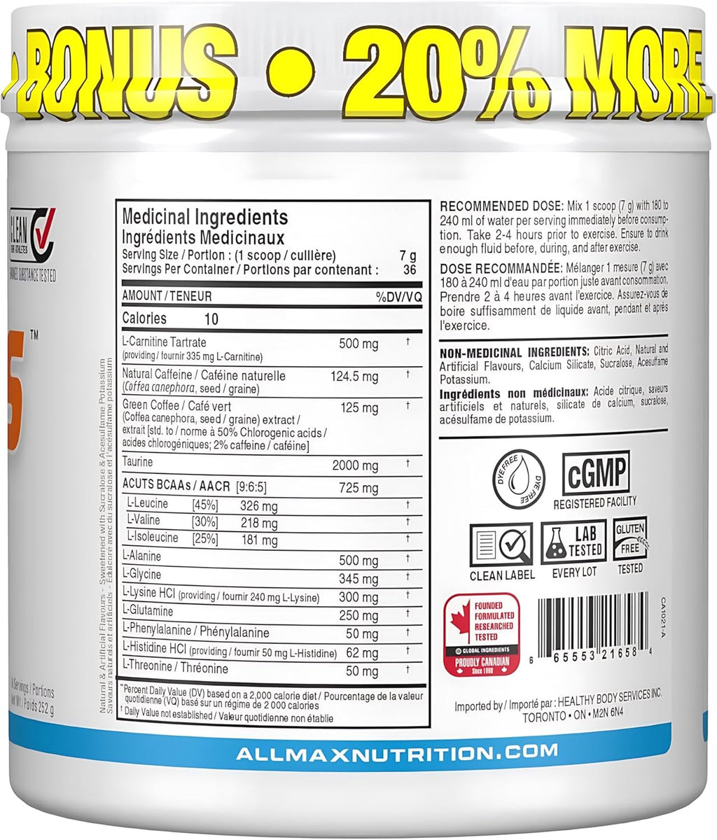 AMINOCUTS (ACUTS), Amino-Charged Energy Drink with Taurine, L-Carnitine, Green Coffee Bean Extract, Blue Raspberry - Dye Free