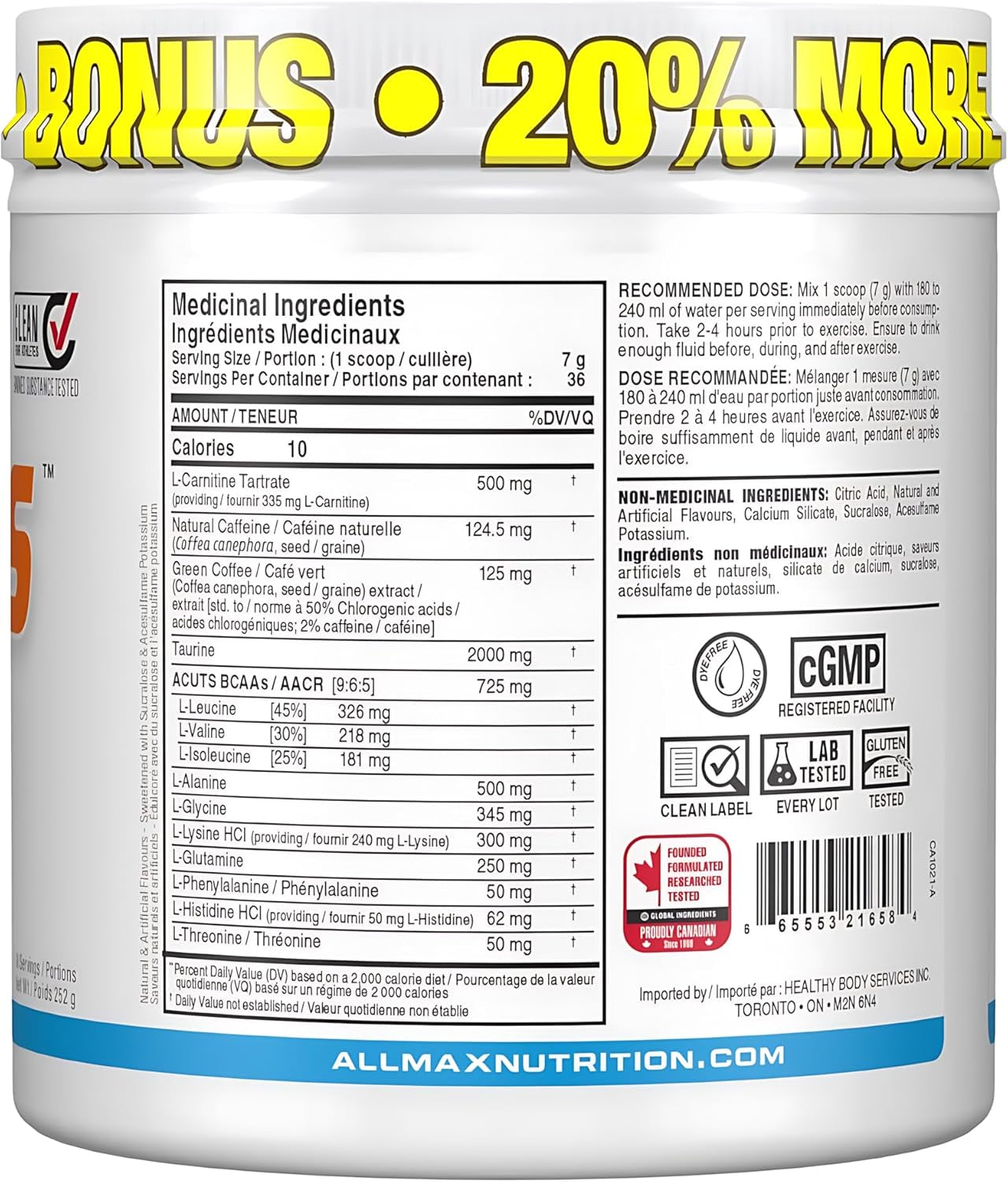 AMINOCUTS (ACUTS), Amino-Charged Energy Drink with Taurine, L-Carnitine, Green Coffee Bean Extract, Blue Raspberry - Dye Free