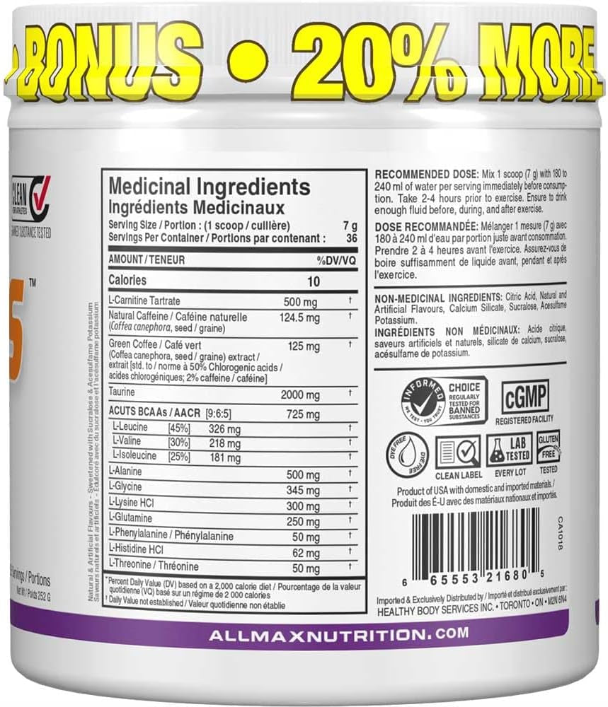 - AMINOCUTS (A:CUTS) - Weight-Management BCAA (L-Carnitine + Taurine + Green Coffee) - Grape -Dye Free- 252 Gram - 36 Servings, 252-Gram